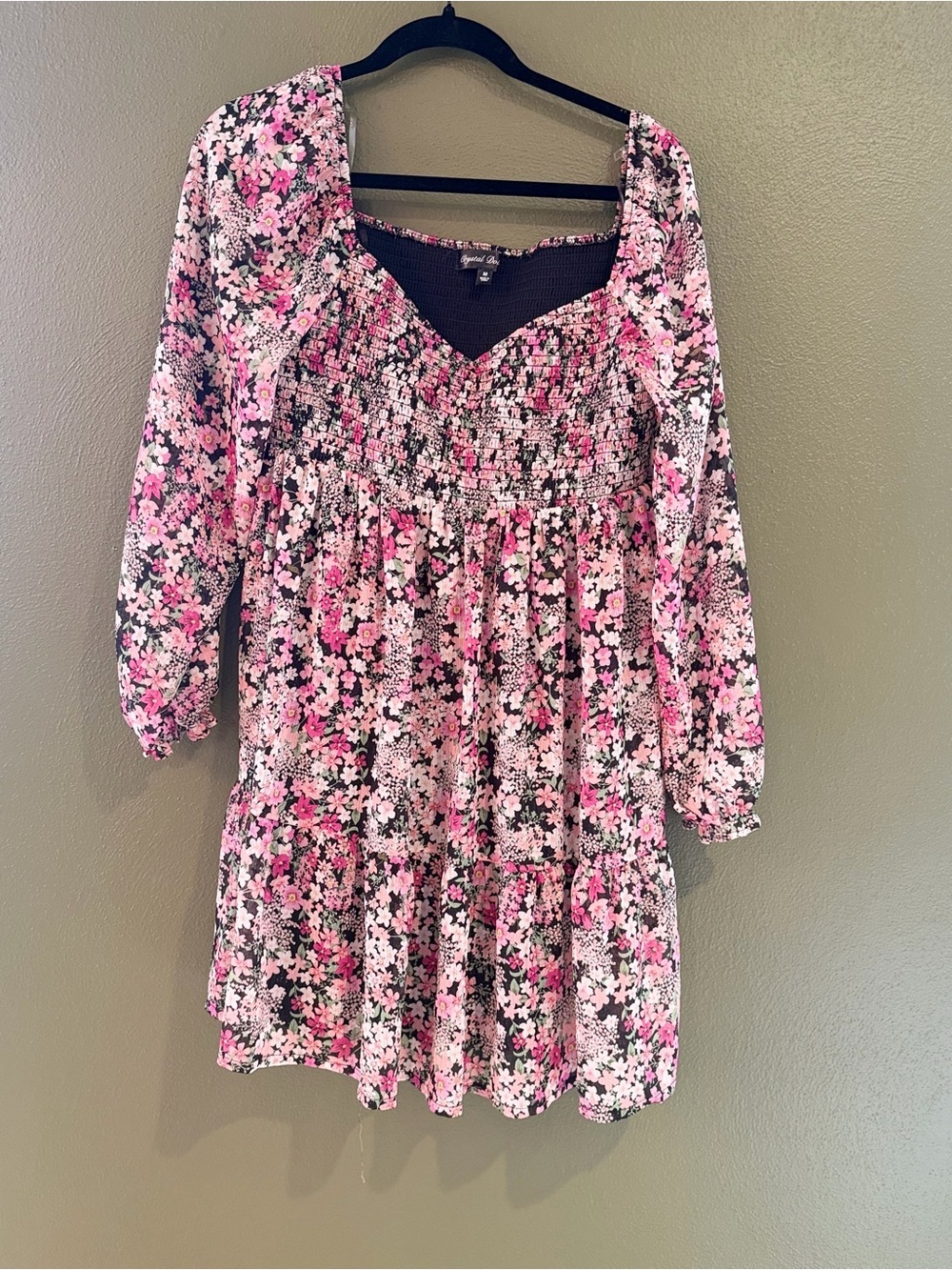Crystal Doll Black and Pink Floral Smocked Mini Dress